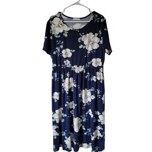 Reborn J Navy Shortsleeve Midi Dress with Cream Floral Print Size 1X
